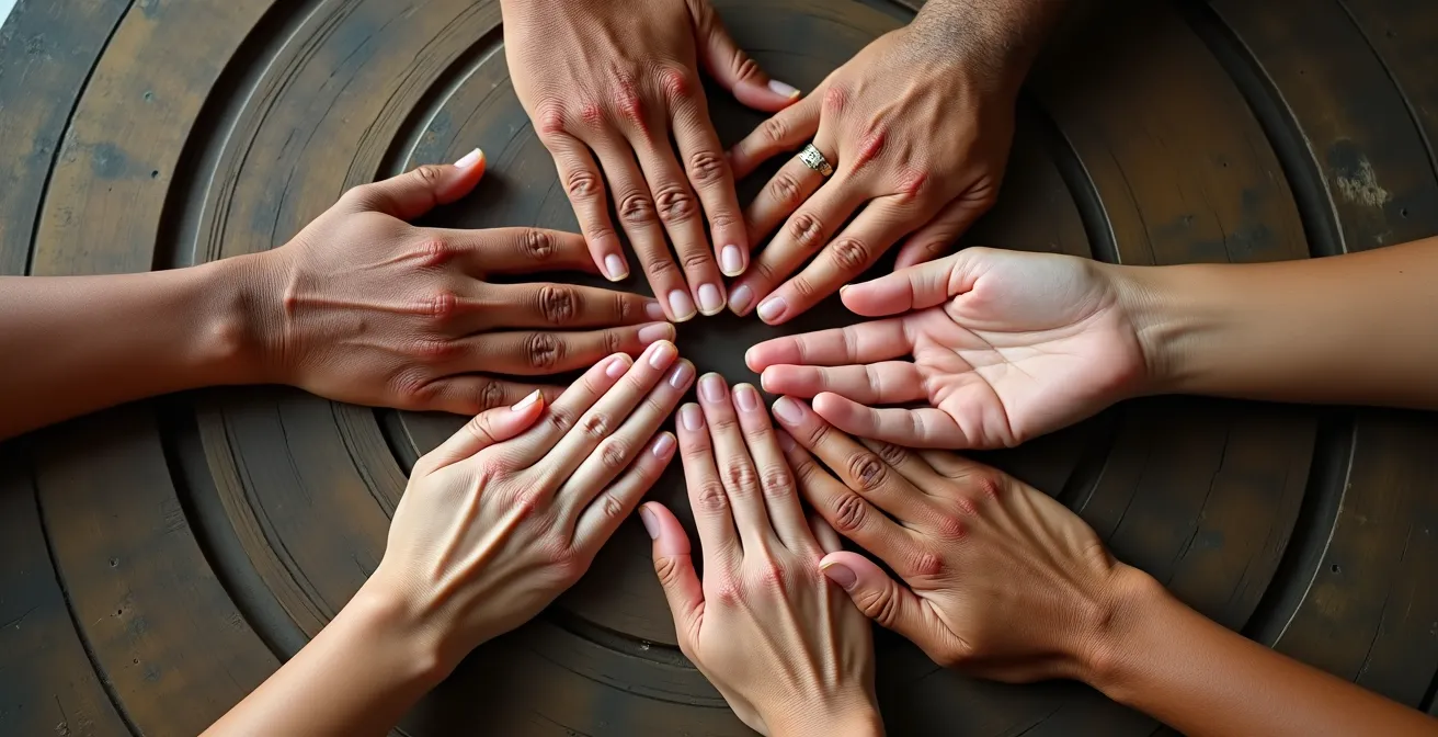 Mains d'équipe formant un cercle symbolisant l'unité